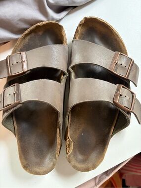 Birkenstock Two-Strap Taupe Brown Leather Slide Sandals